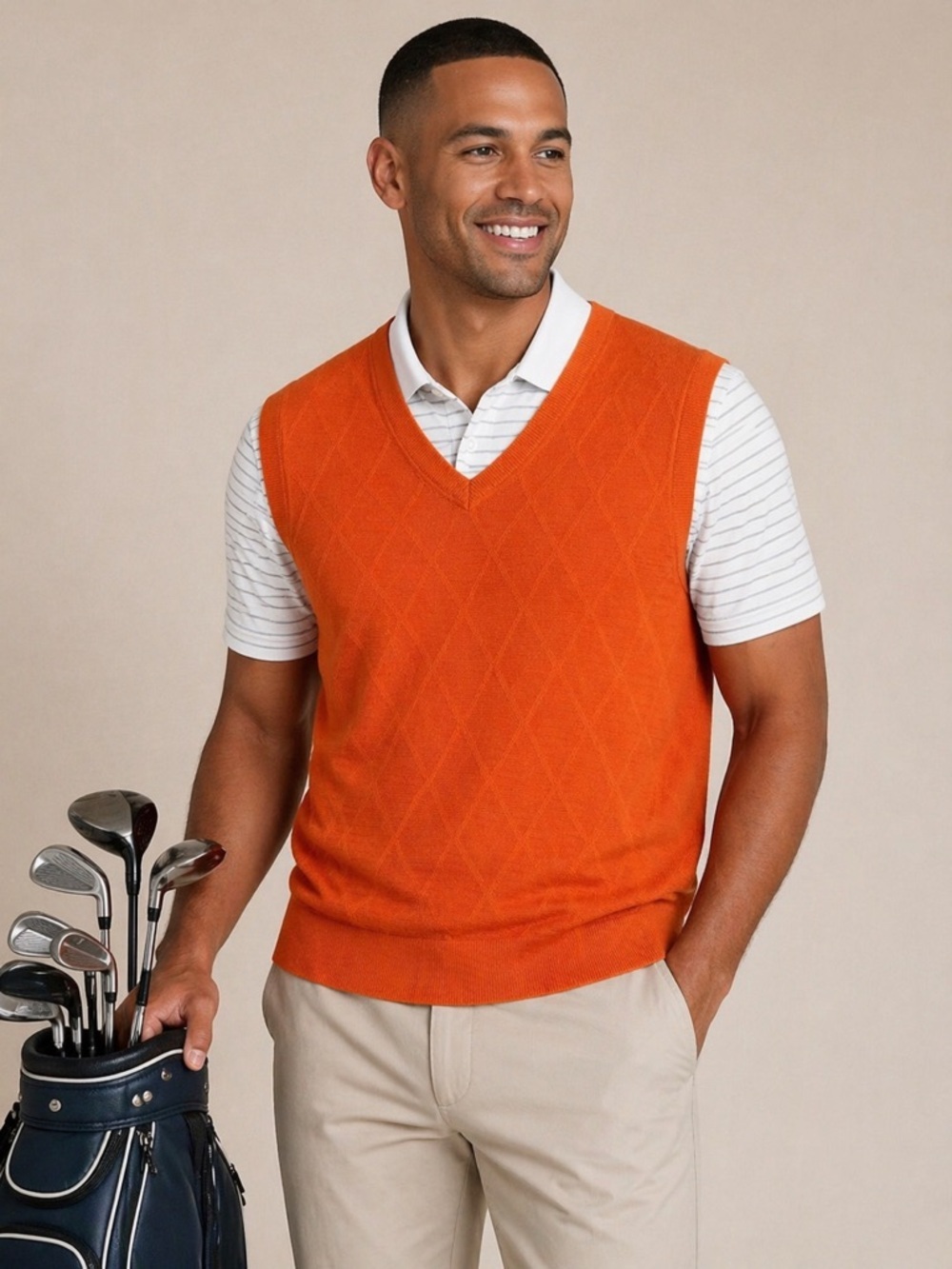 V-Neck Sweater Vest Golf Classic Orange ‎ M Preppy Fairway & Greene Pima Cotton
